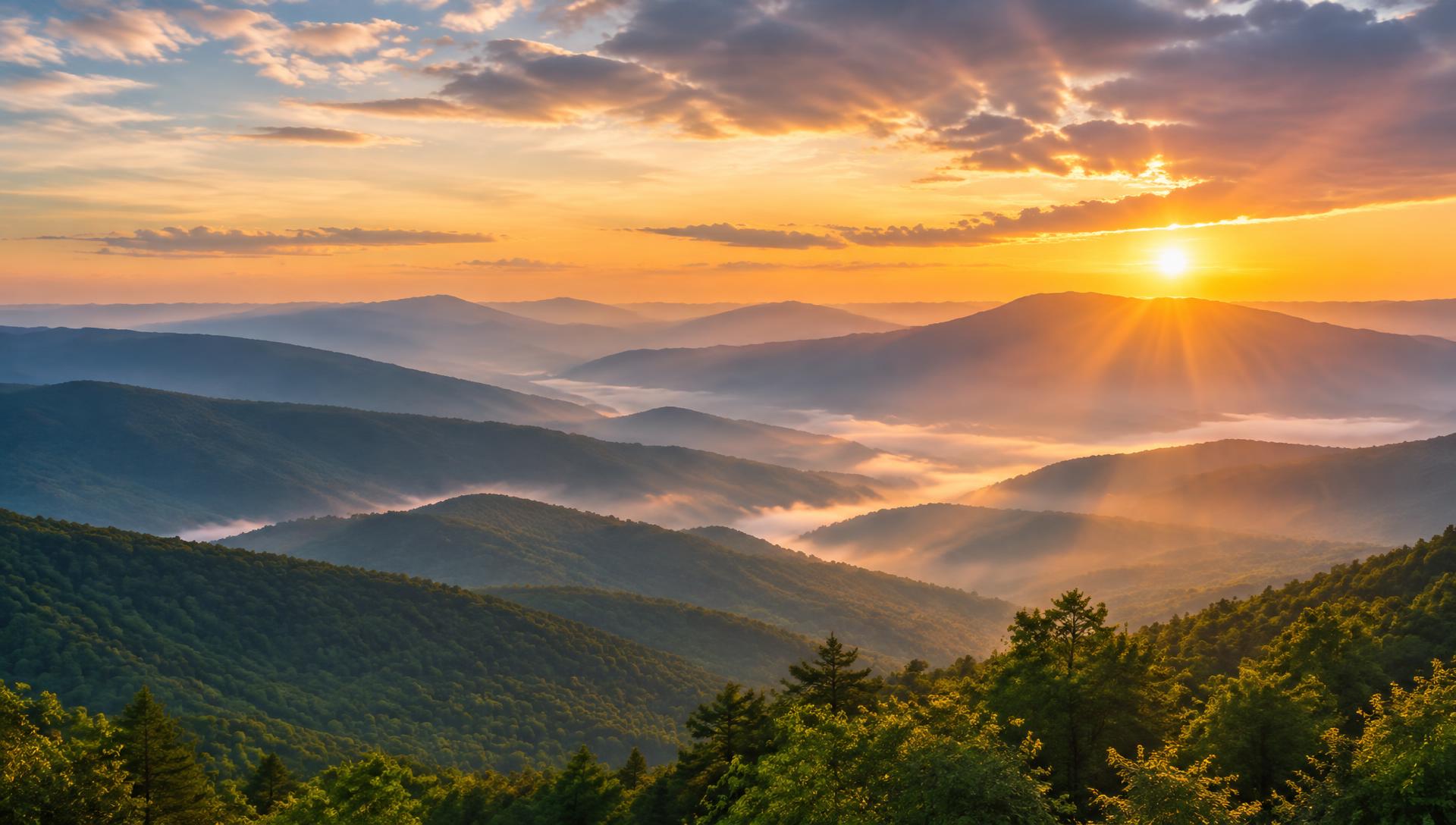 Sunrise over peaceful mountain ridges